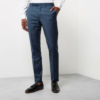 Blue check slim suit trousers